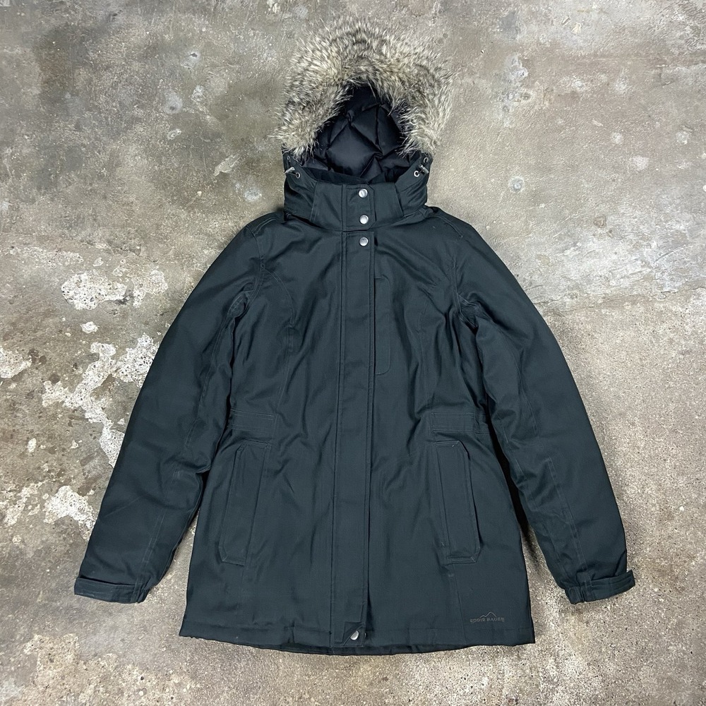 Eddie Bauer Faux Fur Parka Jacket Size XS Black Quilted Lined Goose Down EB600